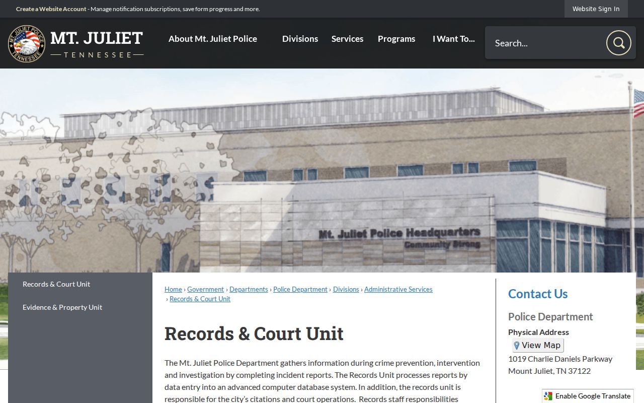 Mount Juliet people search access to police records and court unit