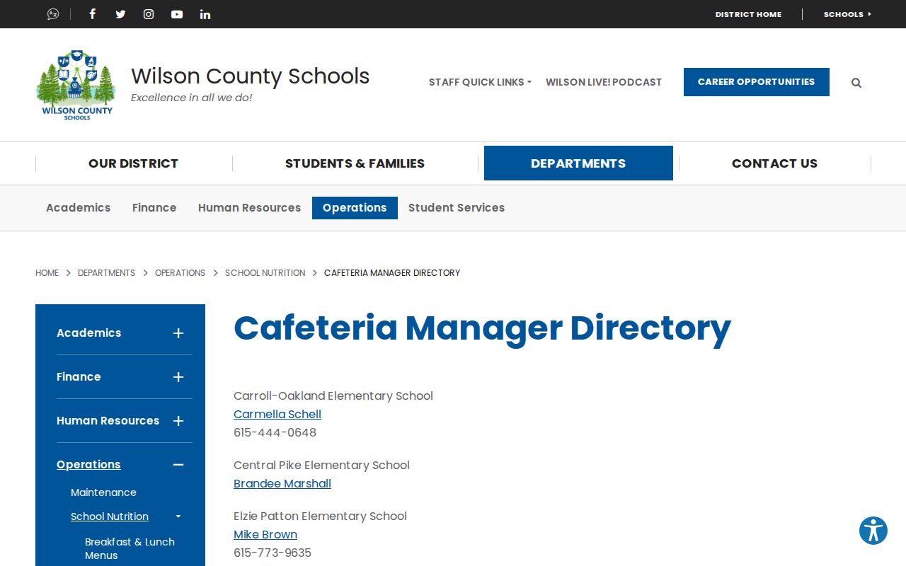 Mount Juliet people directories cafeteria manager roster
